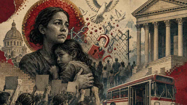 Mixed-media historical illustration of Abolish ICE, combining archival collage, neoclassical engraving, and pixel detail.