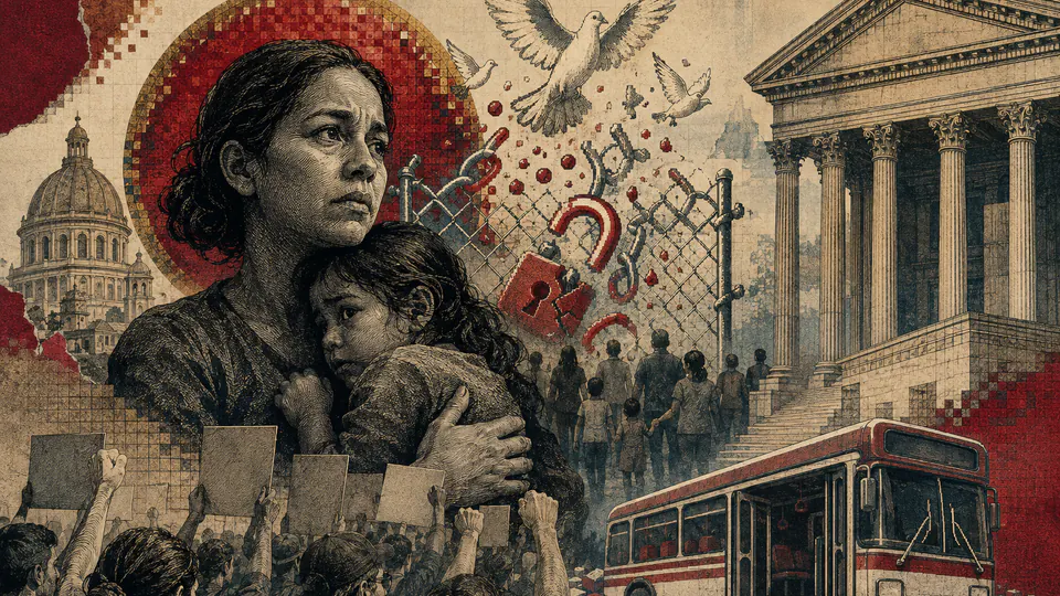 Mixed-media historical illustration of Abolish ICE, combining archival collage, neoclassical engraving, and pixel detail.