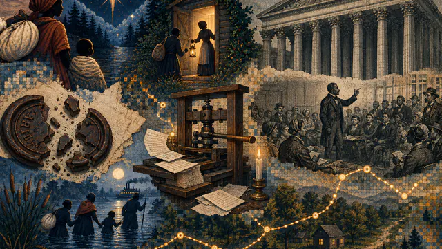 Mixed-media historical illustration of Abolitionism, combining archival collage, neoclassical engraving, and pixel detail.