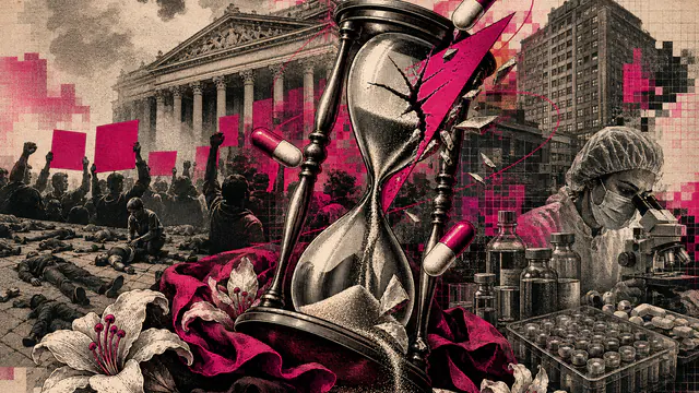 Mixed-media historical illustration of ACT UP, combining archival collage, neoclassical engraving, and pixel detail.