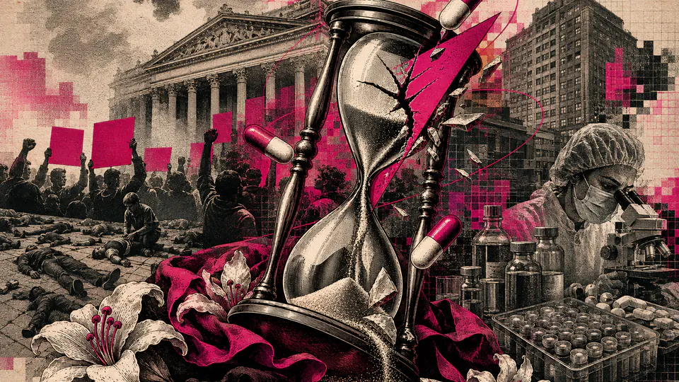 Mixed-media historical illustration of ACT UP, combining archival collage, neoclassical engraving, and pixel detail.