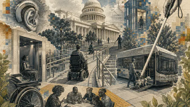 Mixed-media historical illustration of Americans with Disabilities Act, combining archival collage, neoclassical engraving, and pixel detail.