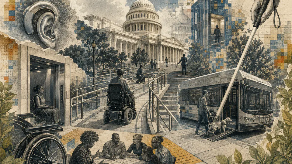 Mixed-media historical illustration of Americans with Disabilities Act, combining archival collage, neoclassical engraving, and pixel detail.