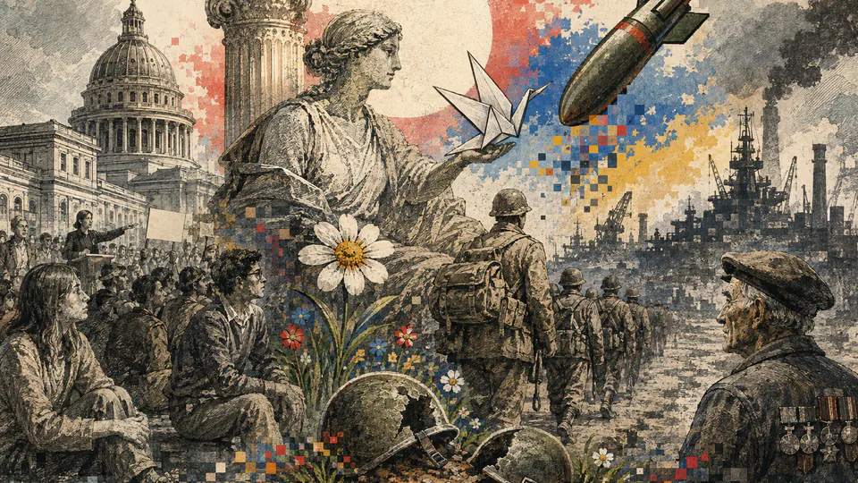 Mixed-media historical illustration of Anti-War Movements, combining archival collage, neoclassical engraving, and pixel detail.