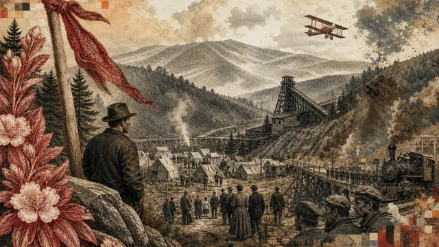 Mixed-media historical illustration of Battle of Blair Mountain, combining archival collage, neoclassical engraving, and pixel detail.