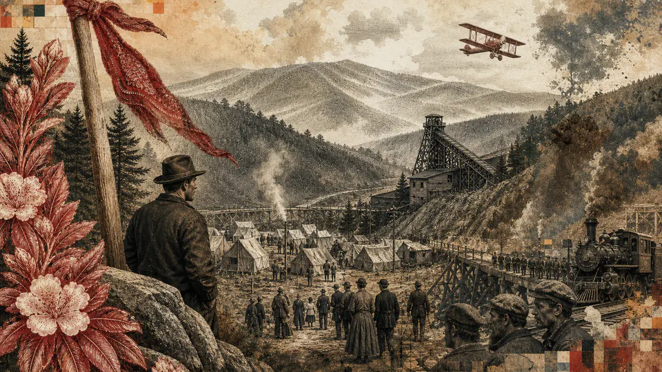 Mixed-media historical illustration of Battle of Blair Mountain, combining archival collage, neoclassical engraving, and pixel detail.