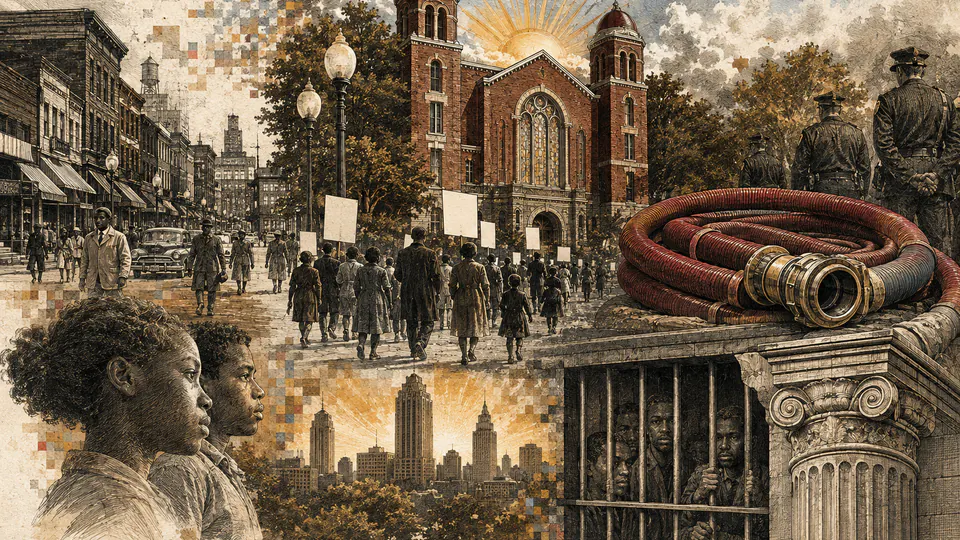 Mixed-media historical illustration of Birmingham Campaign, combining archival collage, neoclassical engraving, and pixel detail.