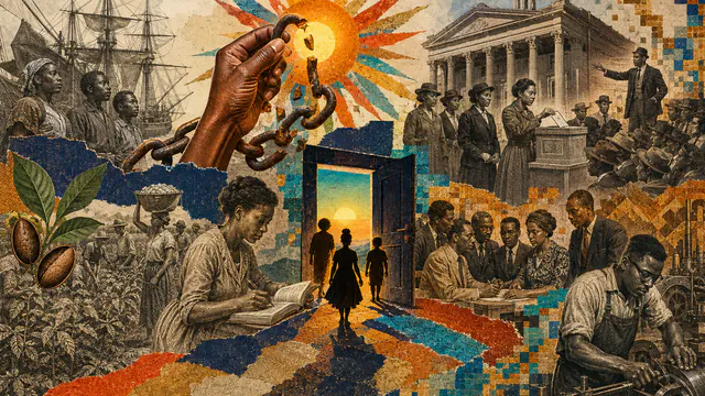 Mixed-media historical illustration of Black Liberation, combining archival collage, neoclassical engraving, and pixel detail.