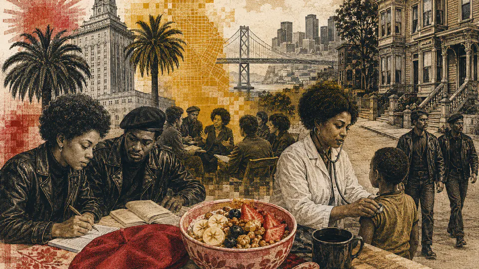 Mixed-media historical illustration of Black Panther Party, combining archival collage, neoclassical engraving, and pixel detail.