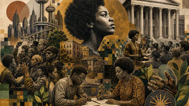 Mixed-media historical illustration of Black Power, combining archival collage, neoclassical engraving, and pixel detail.
