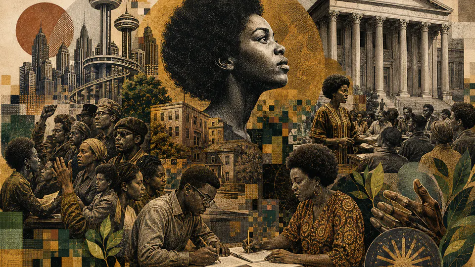 Mixed-media historical illustration of Black Power, combining archival collage, neoclassical engraving, and pixel detail.