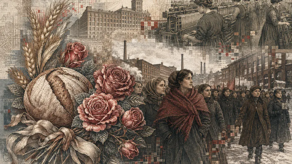 Mixed-media historical illustration of Bread and Roses, combining archival collage, neoclassical engraving, and pixel detail.