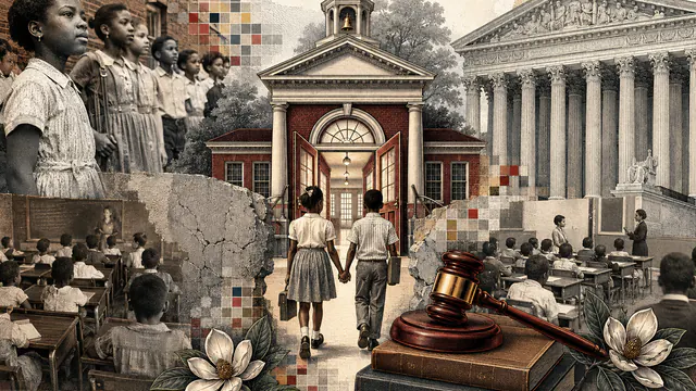 Mixed-media historical illustration of Brown v. Board of Education, combining archival collage, neoclassical engraving, and pixel detail.