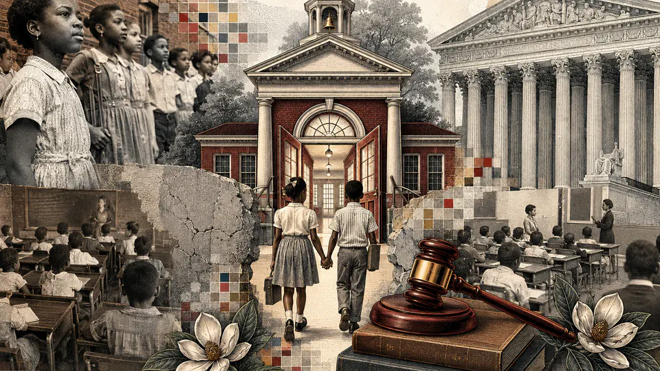 Mixed-media historical illustration of Brown v. Board of Education, combining archival collage, neoclassical engraving, and pixel detail.