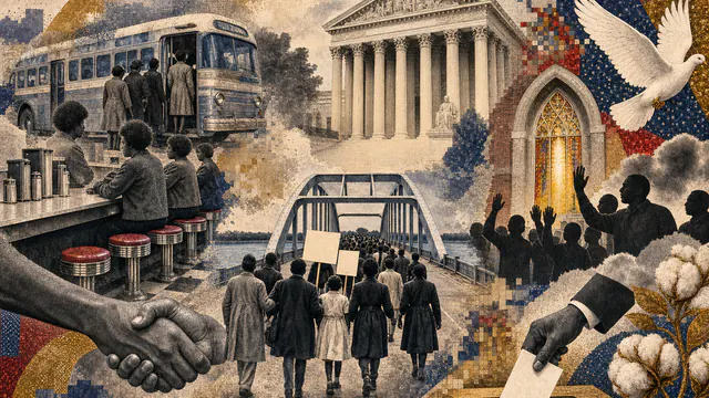 Mixed-media historical illustration of Civil Rights, combining archival collage, neoclassical engraving, and pixel detail.
