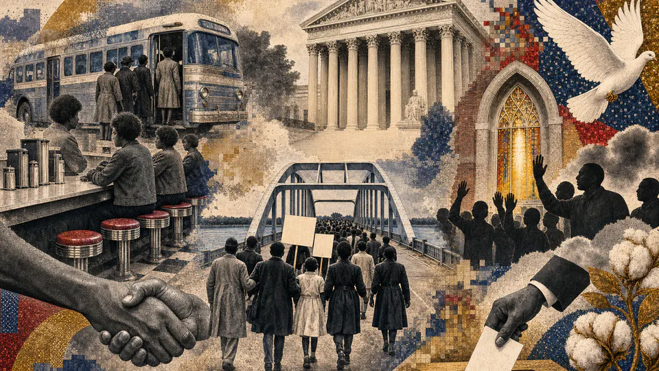 Mixed-media historical illustration of Civil Rights, combining archival collage, neoclassical engraving, and pixel detail.