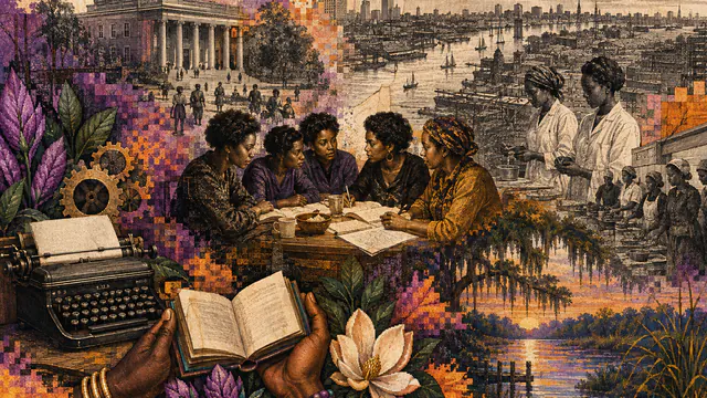Mixed-media historical illustration of Combahee River Collective, combining archival collage, neoclassical engraving, and pixel detail.