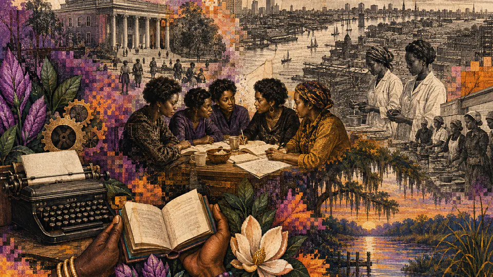 Mixed-media historical illustration of Combahee River Collective, combining archival collage, neoclassical engraving, and pixel detail.