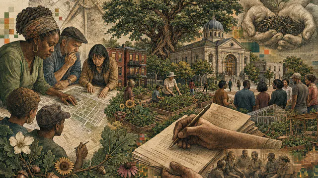 Mixed-media historical illustration of Community Land Trusts, combining archival collage, neoclassical engraving, and pixel detail.