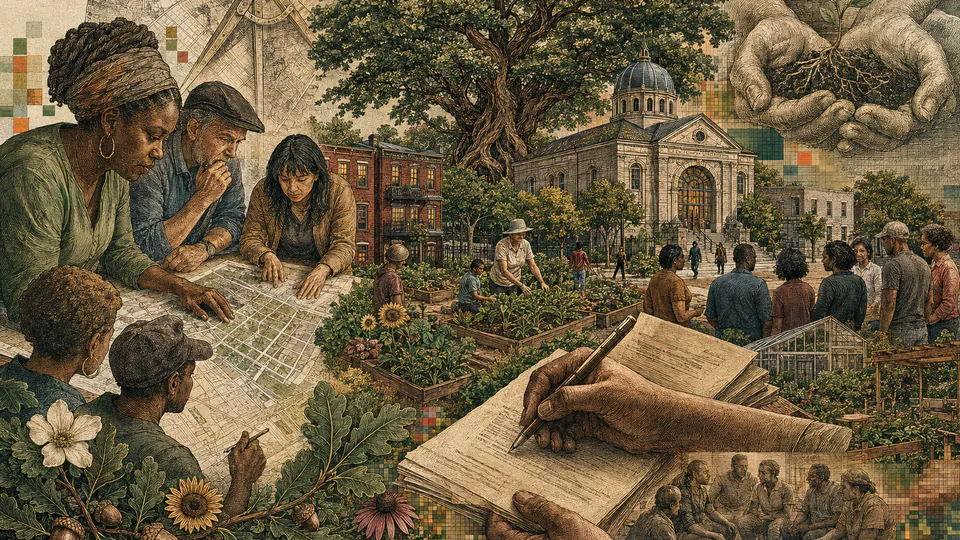 Mixed-media historical illustration of Community Land Trusts, combining archival collage, neoclassical engraving, and pixel detail.