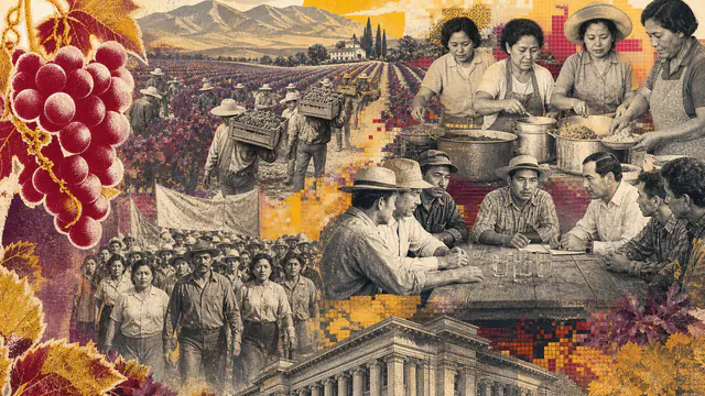 Mixed-media historical illustration of Delano grape strike, combining archival collage, neoclassical engraving, and pixel detail.