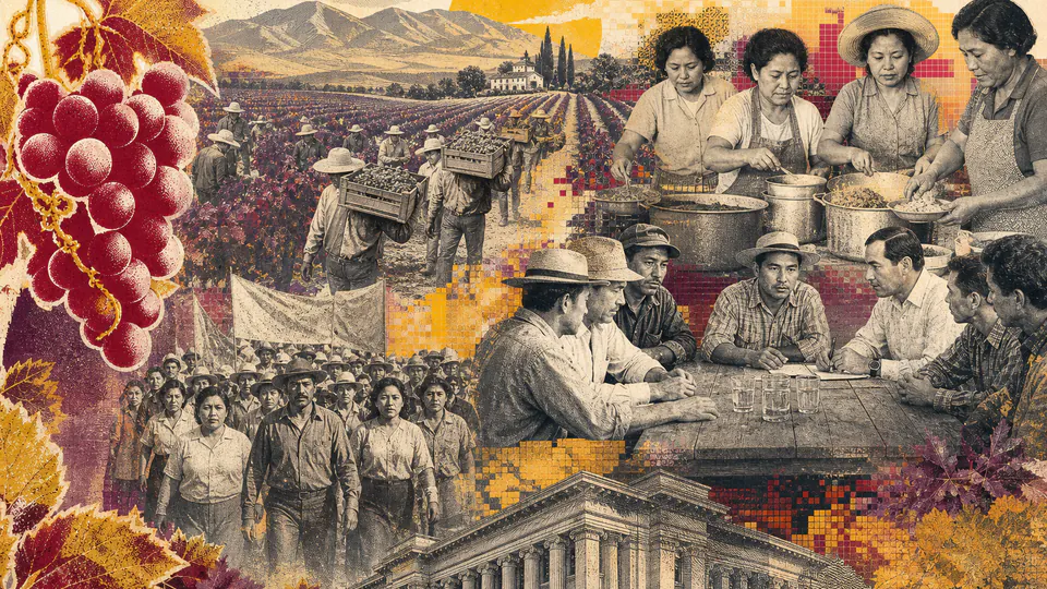 Mixed-media historical illustration of Delano grape strike, combining archival collage, neoclassical engraving, and pixel detail.