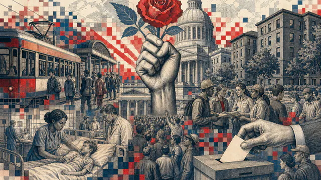 Mixed-media historical illustration of Democratic socialism, combining archival collage, neoclassical engraving, and pixel detail.
