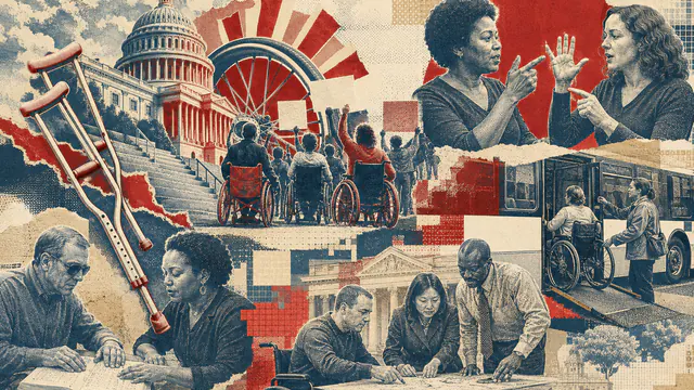 Mixed-media historical illustration of Disability rights, combining archival collage, neoclassical engraving, and pixel detail.