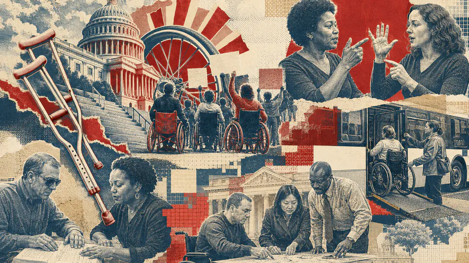 Mixed-media historical illustration of Disability rights, combining archival collage, neoclassical engraving, and pixel detail.