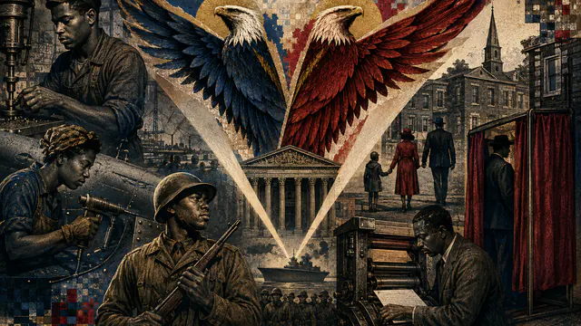 Mixed-media historical illustration of Double V Campaign, combining archival collage, neoclassical engraving, and pixel detail.