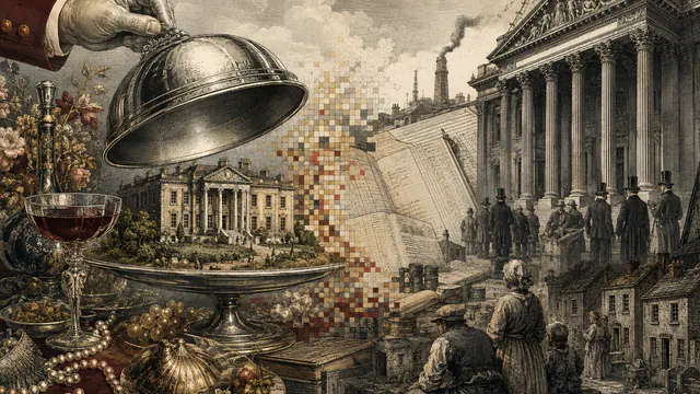 Mixed-media historical illustration of Eat the rich, combining archival collage, neoclassical engraving, and pixel detail.