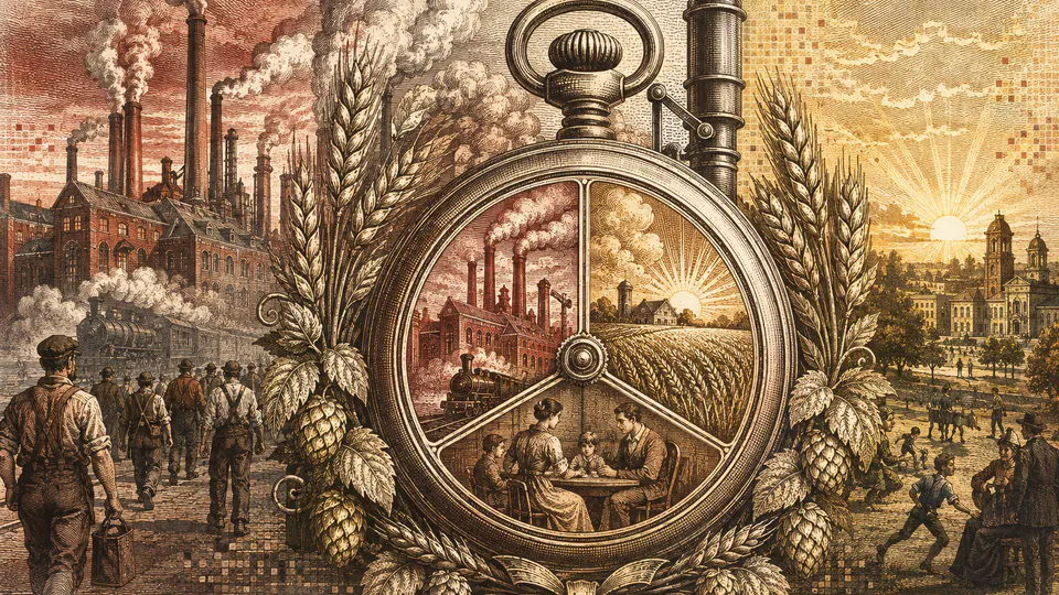 Mixed-media historical illustration of The Eight-Hour Day, combining archival collage, neoclassical engraving, and pixel detail.