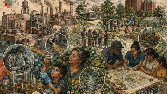 Mixed-media historical illustration of Environmental Justice, combining archival collage, neoclassical engraving, and pixel detail.