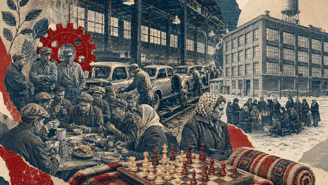 Mixed-media historical illustration of Flint sit-down strike, combining archival collage, neoclassical engraving, and pixel detail.