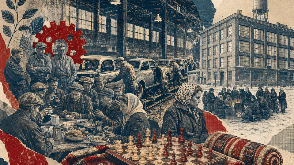 Mixed-media historical illustration of Flint sit-down strike, combining archival collage, neoclassical engraving, and pixel detail.