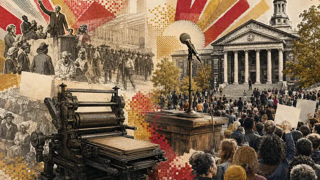 Mixed-media historical illustration of Free speech, combining archival collage, neoclassical engraving, and pixel detail.