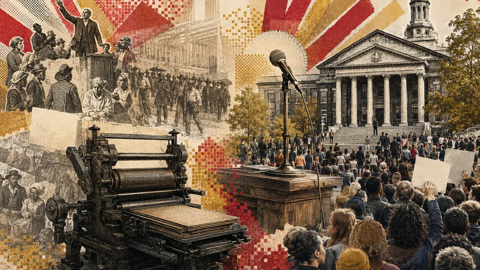 Mixed-media historical illustration of Free speech, combining archival collage, neoclassical engraving, and pixel detail.