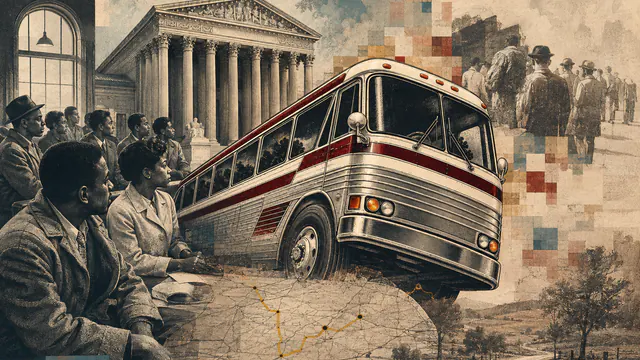 Mixed-media historical illustration of Freedom Rides, combining archival collage, neoclassical engraving, and pixel detail.