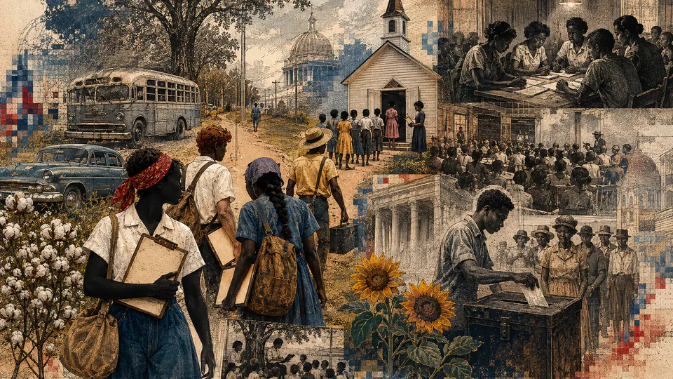 Mixed-media historical illustration of Freedom Summer, combining archival collage, neoclassical engraving, and pixel detail.