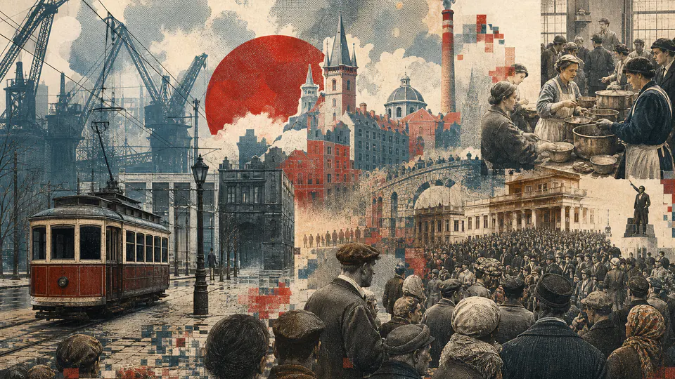 Mixed-media historical illustration of General strike, combining archival collage, neoclassical engraving, and pixel detail.