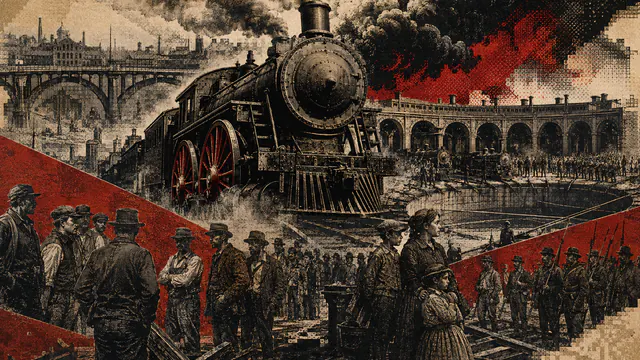 Mixed-media historical illustration of Great Railroad Strike of 1877, combining archival collage, neoclassical engraving, and pixel detail.