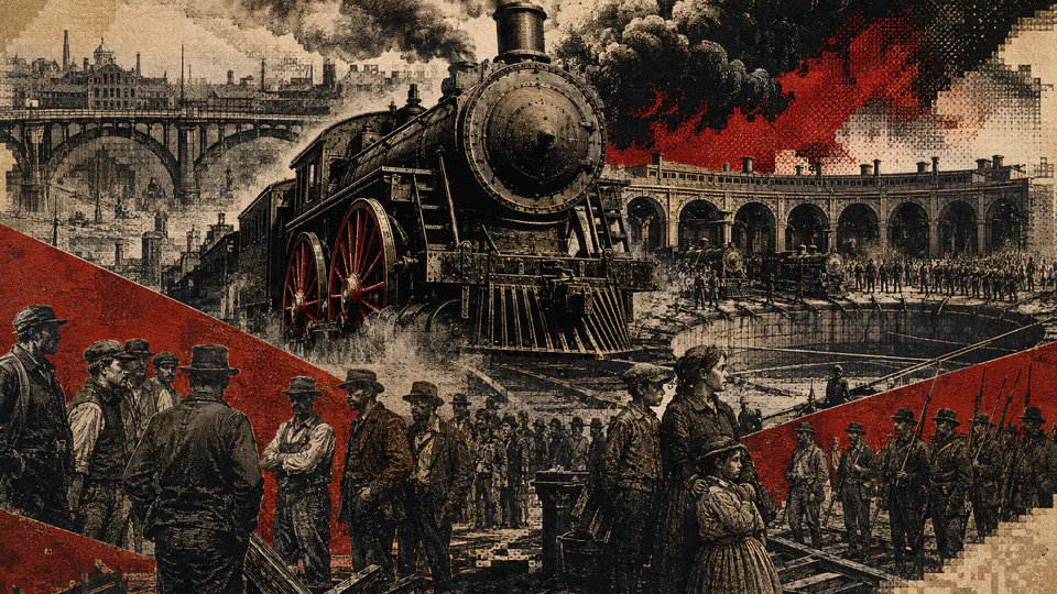 Mixed-media historical illustration of Great Railroad Strike of 1877, combining archival collage, neoclassical engraving, and pixel detail.