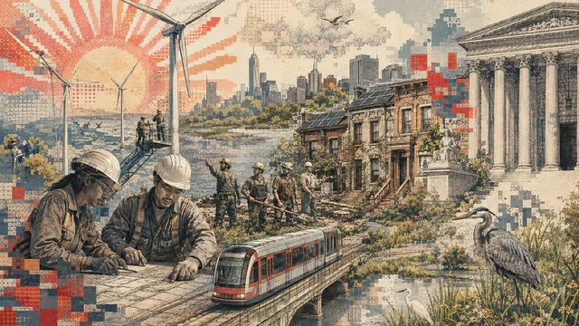 Mixed-media historical illustration of Green New Deal, combining archival collage, neoclassical engraving, and pixel detail.