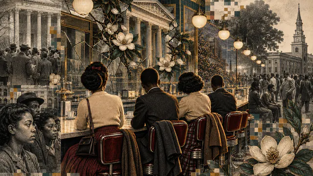 Mixed-media historical illustration of Greensboro Sit-Ins, combining archival collage, neoclassical engraving, and pixel detail.