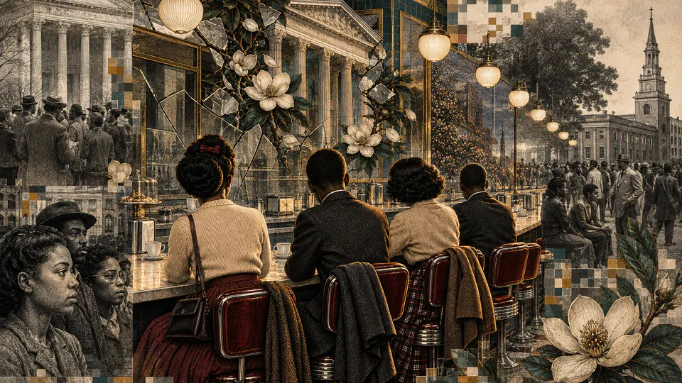 Mixed-media historical illustration of Greensboro Sit-Ins, combining archival collage, neoclassical engraving, and pixel detail.