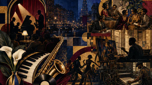Mixed-media historical illustration of Harlem Renaissance, combining archival collage, neoclassical engraving, and pixel detail.