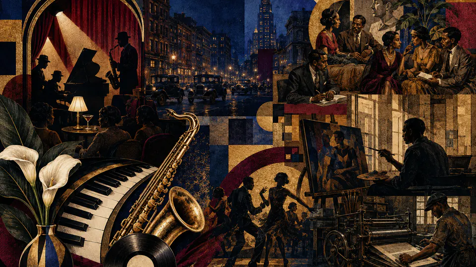 Mixed-media historical illustration of Harlem Renaissance, combining archival collage, neoclassical engraving, and pixel detail.