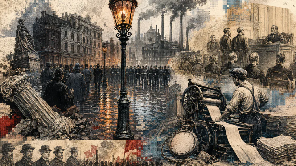 Mixed-media historical illustration of Haymarket Affair, combining archival collage, neoclassical engraving, and pixel detail.