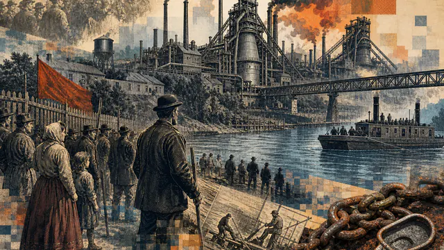 Mixed-media historical illustration of Homestead Strike, combining archival collage, neoclassical engraving, and pixel detail.