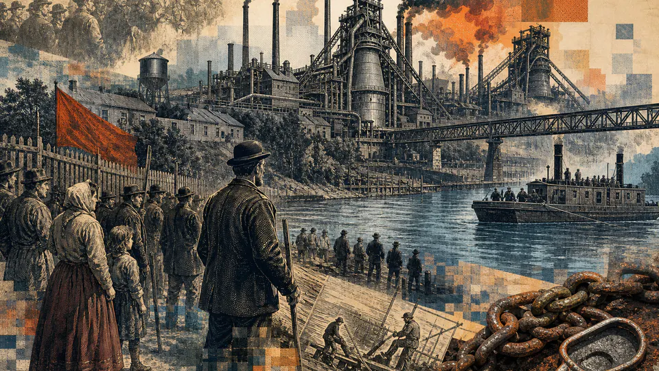 Mixed-media historical illustration of Homestead Strike, combining archival collage, neoclassical engraving, and pixel detail.